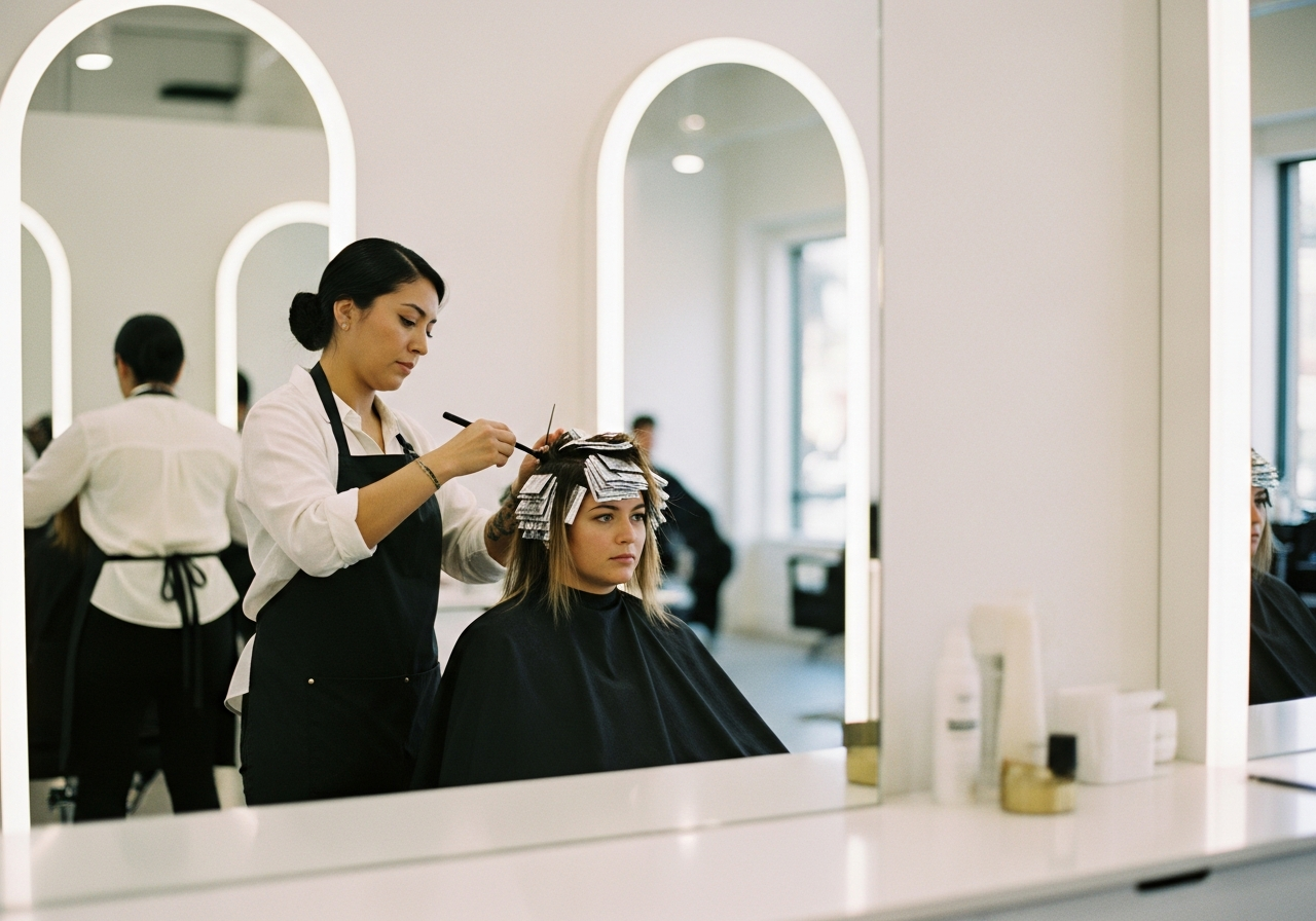 A stylist mid-service applying foils to a seated client