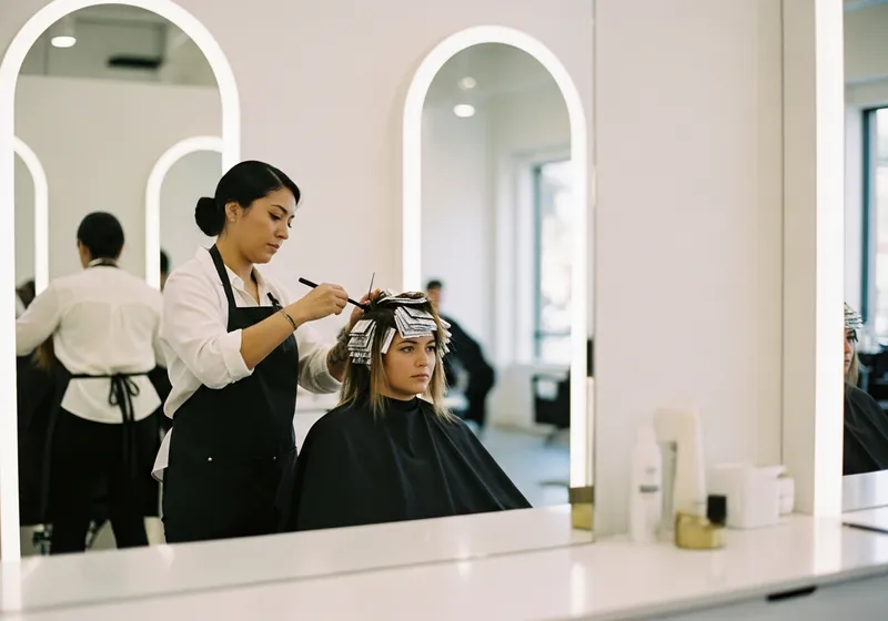 A stylist mid-service applying foils to a seated client