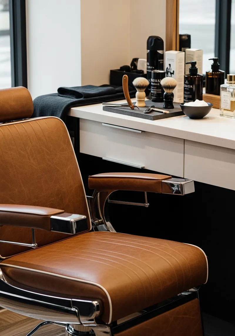 An upscale barbershop chair and grooming station