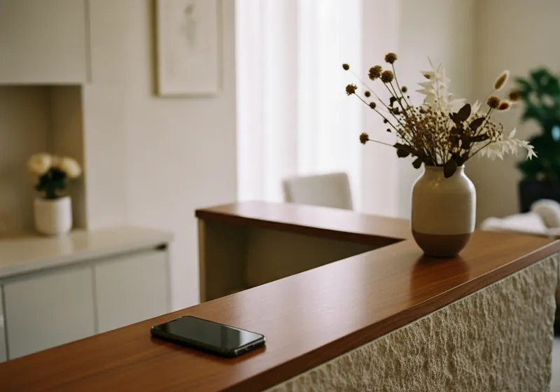 A salon reception desk with a phone on the counter
